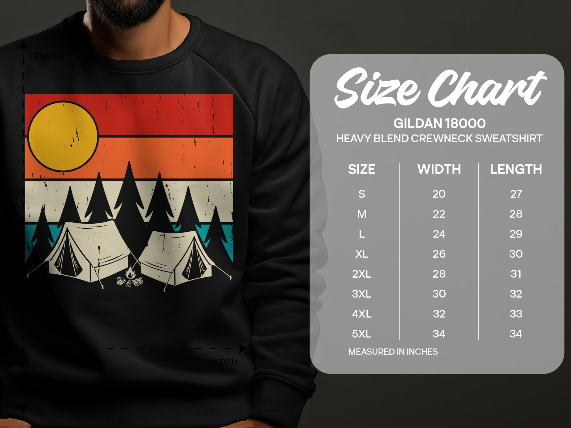 Gildan 18000 sweatshirt size chart with width and length in inches.