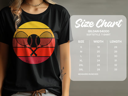 Gildan 64000 Softstyle T-shirt size chart with tennis graphic.
