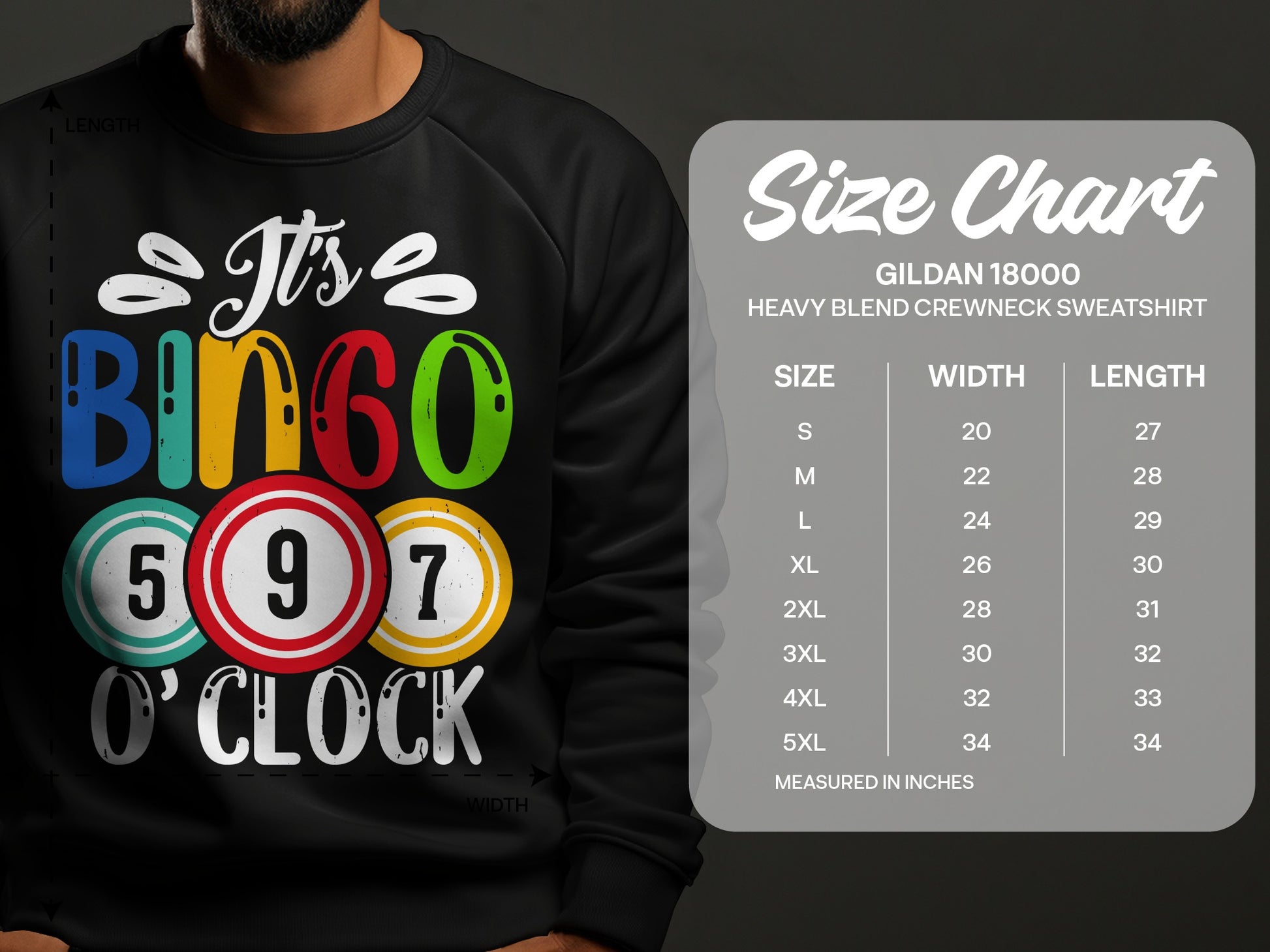 Black sweatshirt with "It's Bingo O'Clock" graphic and size chart.