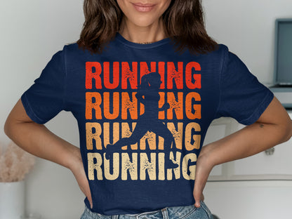 Navy t-shirt with "RUNNING" in bold, distressed lettering and a runner silhouette.