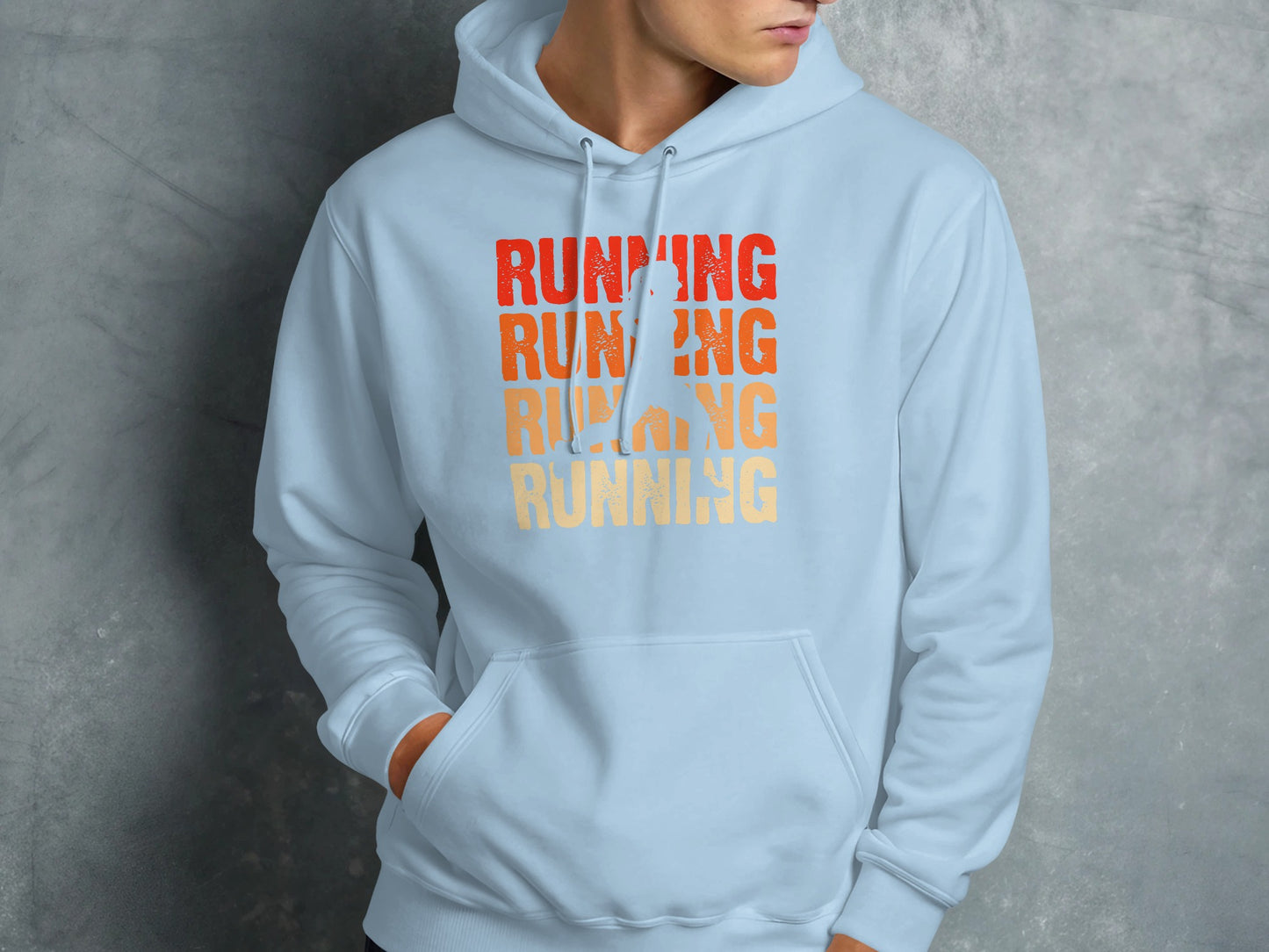 Light blue hoodie with "RUNNING" text in gradient orange and yellow.