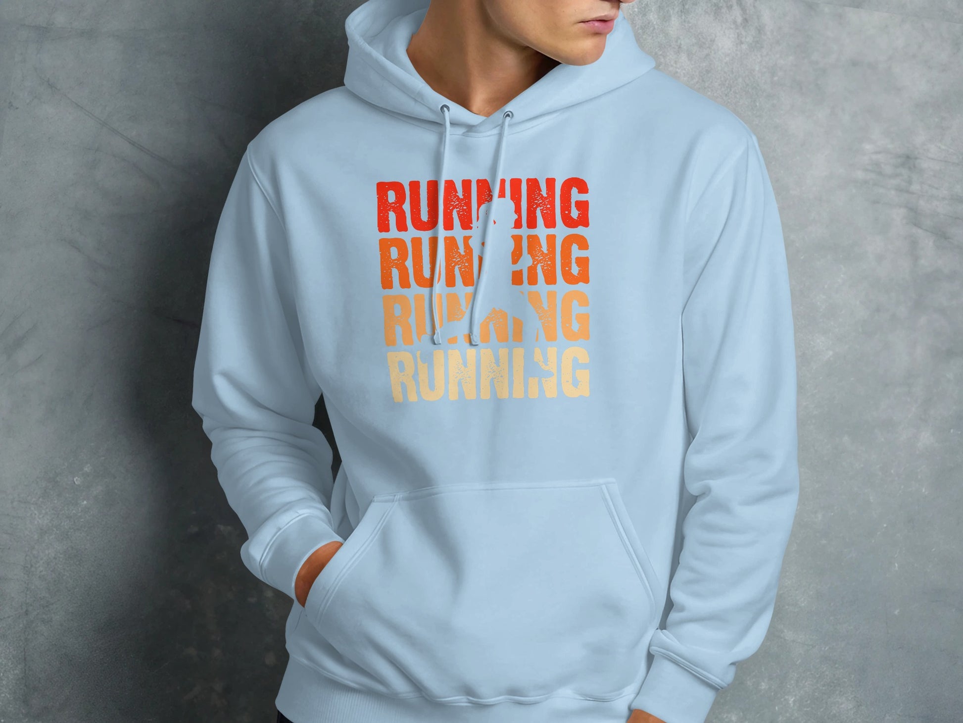 Light blue hoodie with "RUNNING" text in gradient orange and yellow.