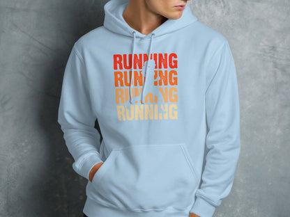 Light blue hoodie with "RUNNING" text in gradient orange and yellow.