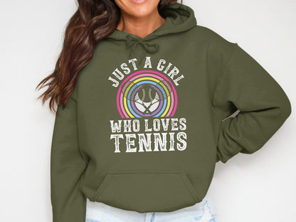 Green hoodie with "Just a girl who loves tennis" and tennis ball graphic.