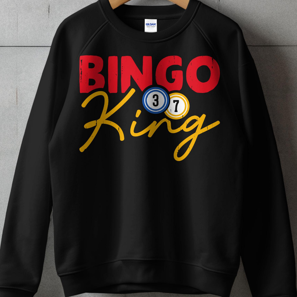Black sweatshirt with "BINGO King" in red and yellow text and bingo balls.