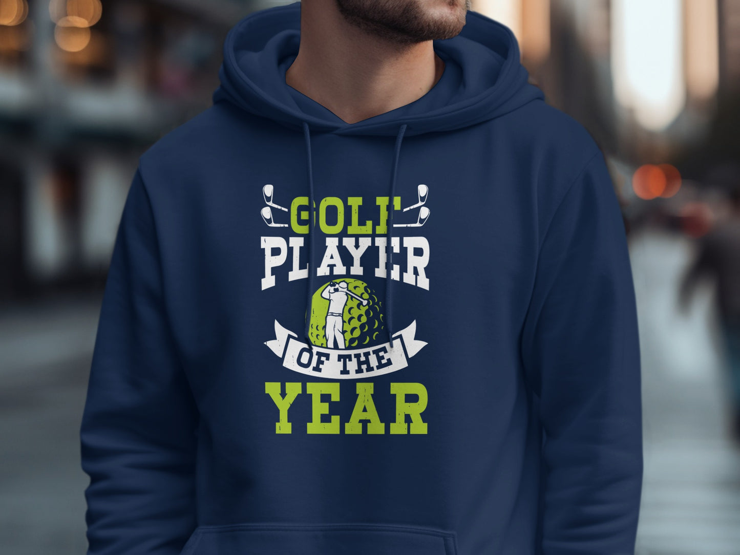 Navy hoodie with "GOLF PLAYER OF THE YEAR" text and golf ball graphic.