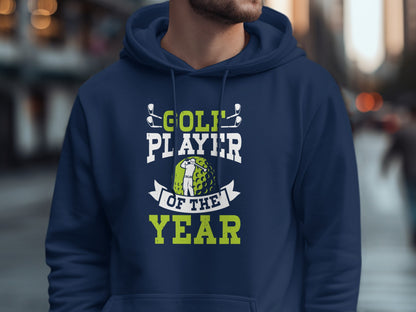 Navy hoodie with "GOLF PLAYER OF THE YEAR" text and golf ball graphic.