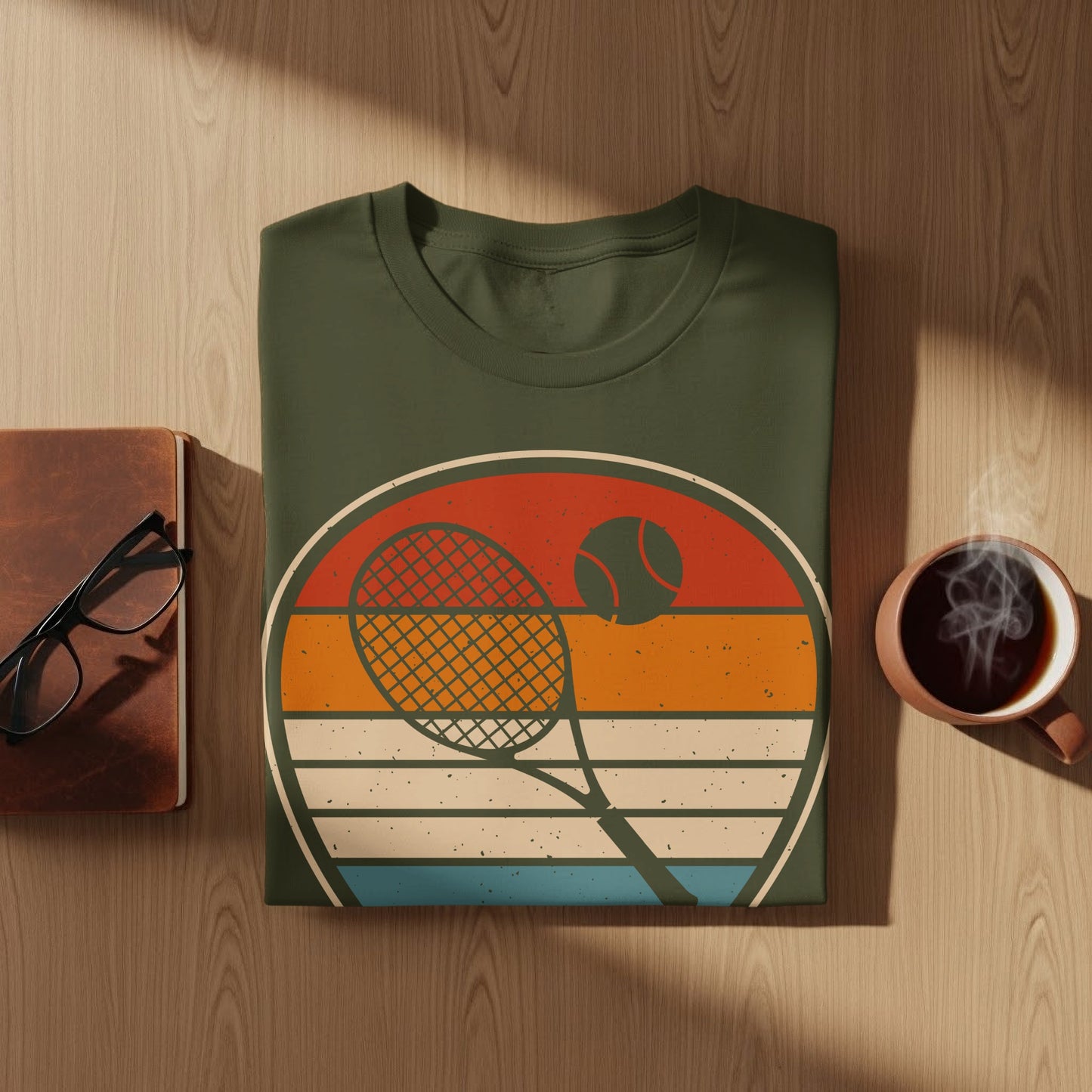 Olive green t-shirt with vintage tennis racket and ball sunset design.