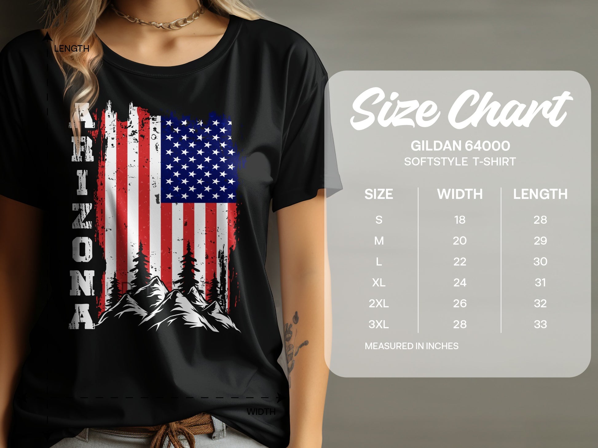 Black t-shirt with "ARIZONA" text and American flag overlay; size chart present.