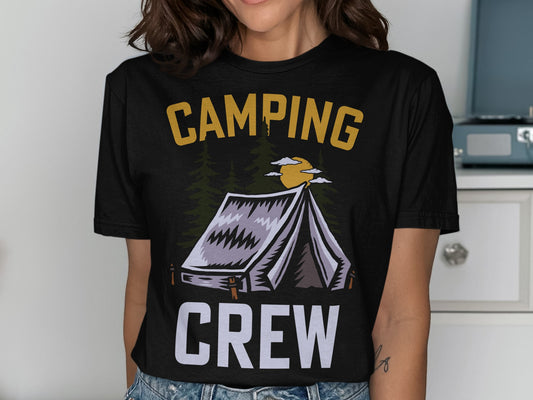 Black t-shirt with "CAMPING CREW" and tent graphic.