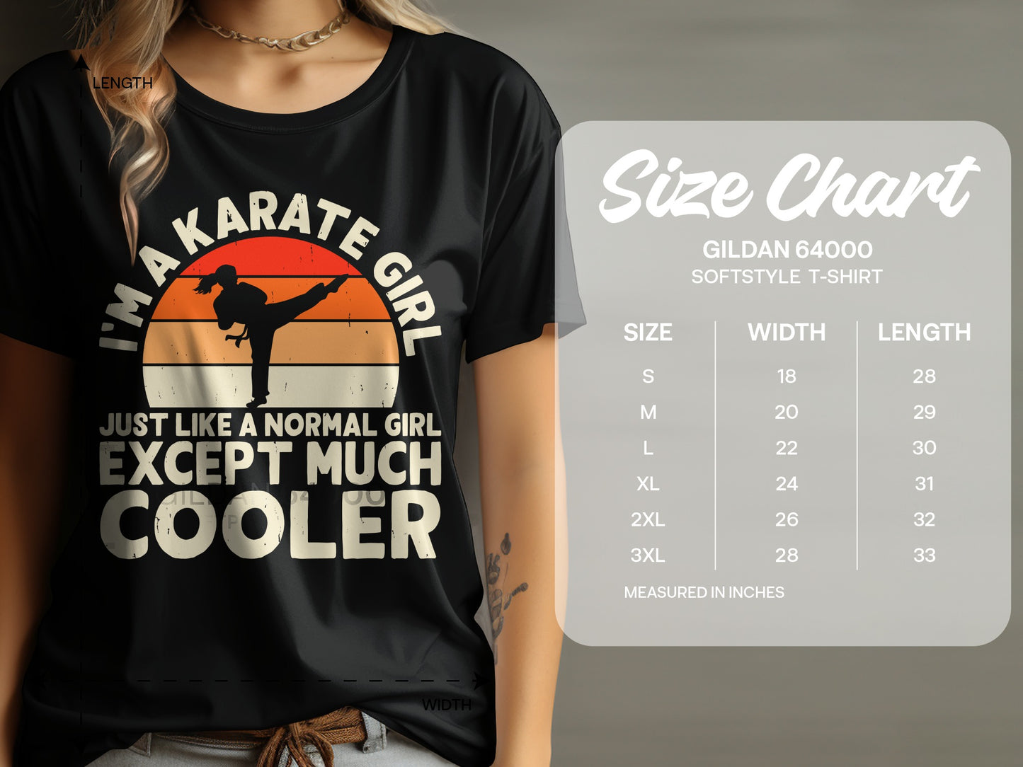 "I'm a Karate Girl Except Much Cooler" graphic t-shirt with size chart.