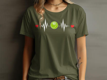 Green t-shirt with white heartbeat graphic featuring tennis ball and two hearts.
