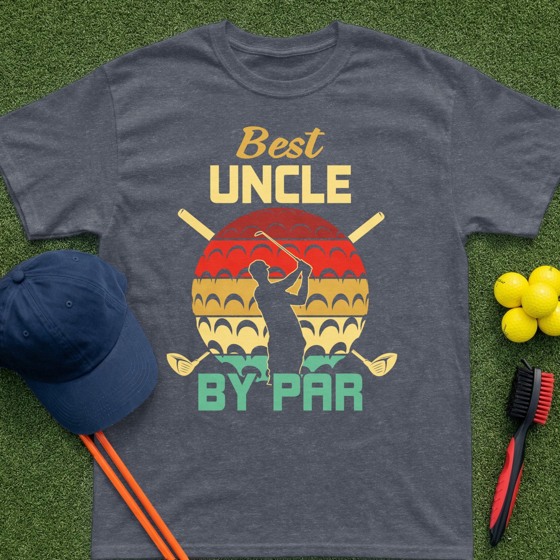T-shirt with "Best Uncle by Par" text and golf sunset graphic.