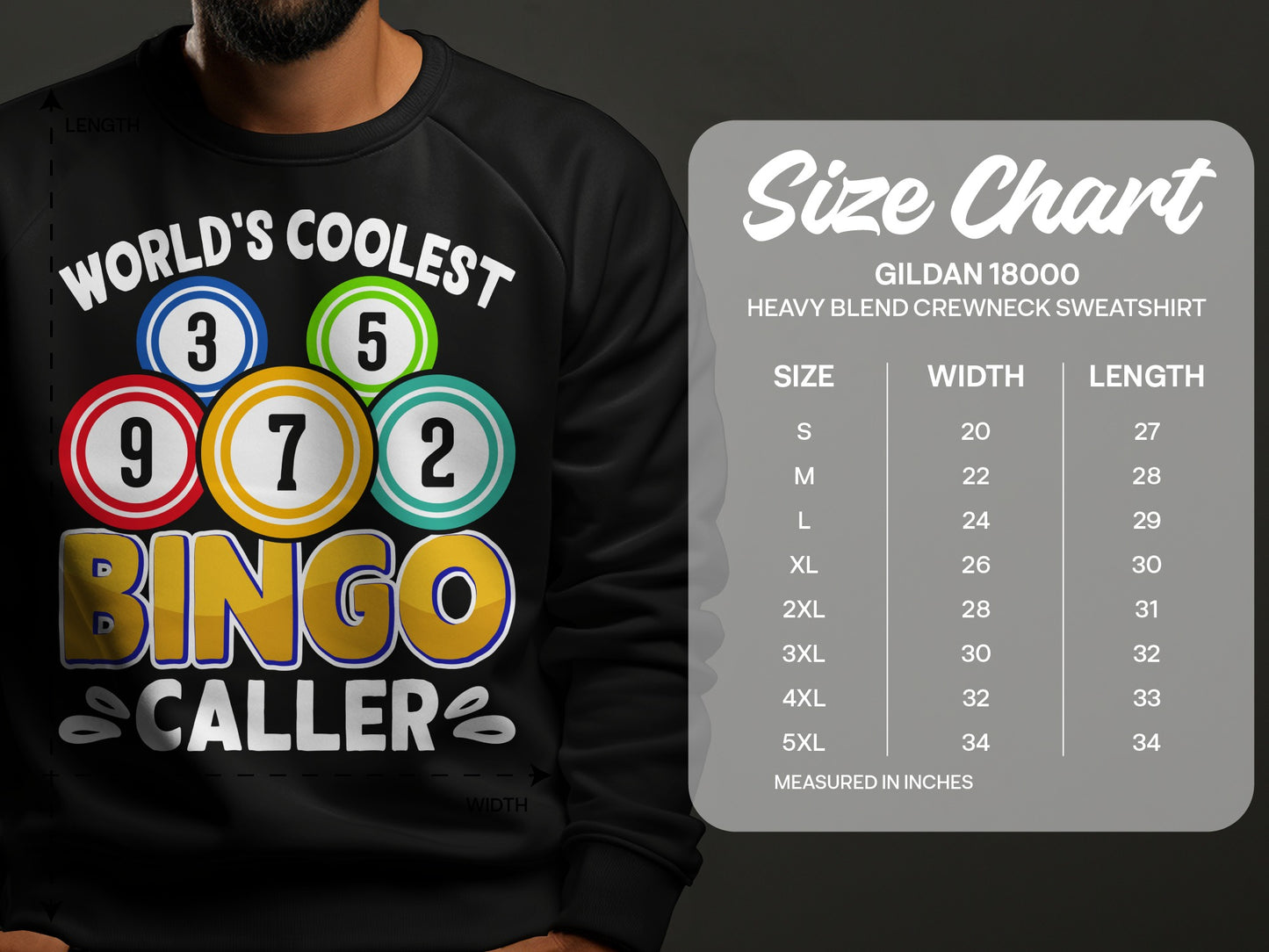 Black sweatshirt with "World's Coolest Bingo Caller" text and bingo balls; size chart included.
