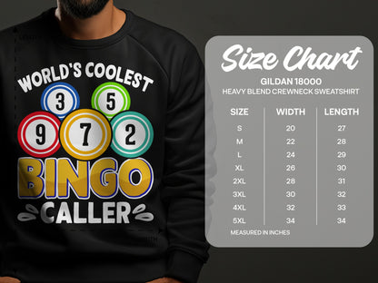 Black sweatshirt with "World's Coolest Bingo Caller" text and bingo balls; size chart included.