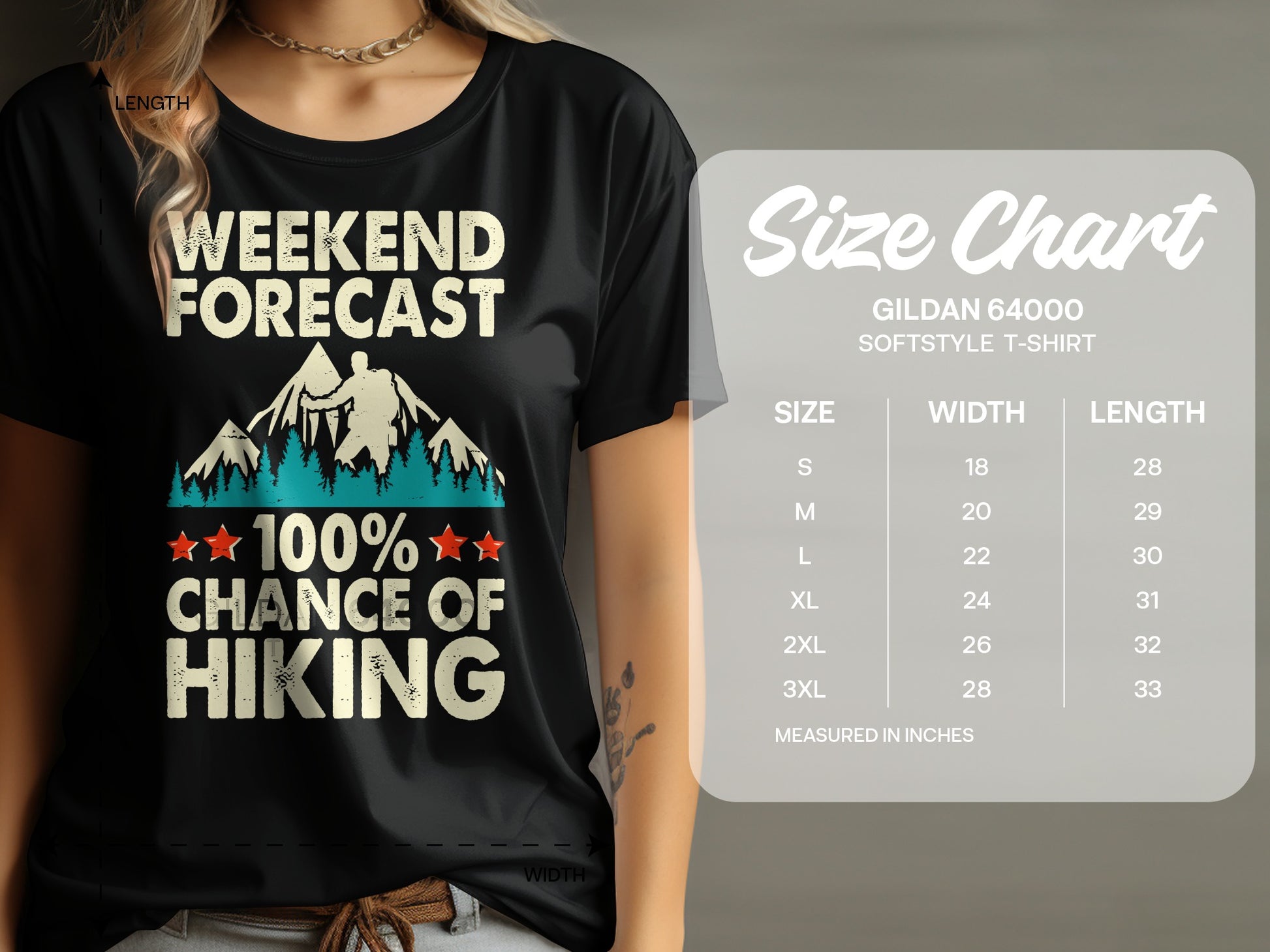 T-shirt with "Weekend Forecast 100% Chance of Hiking" graphic and size chart.