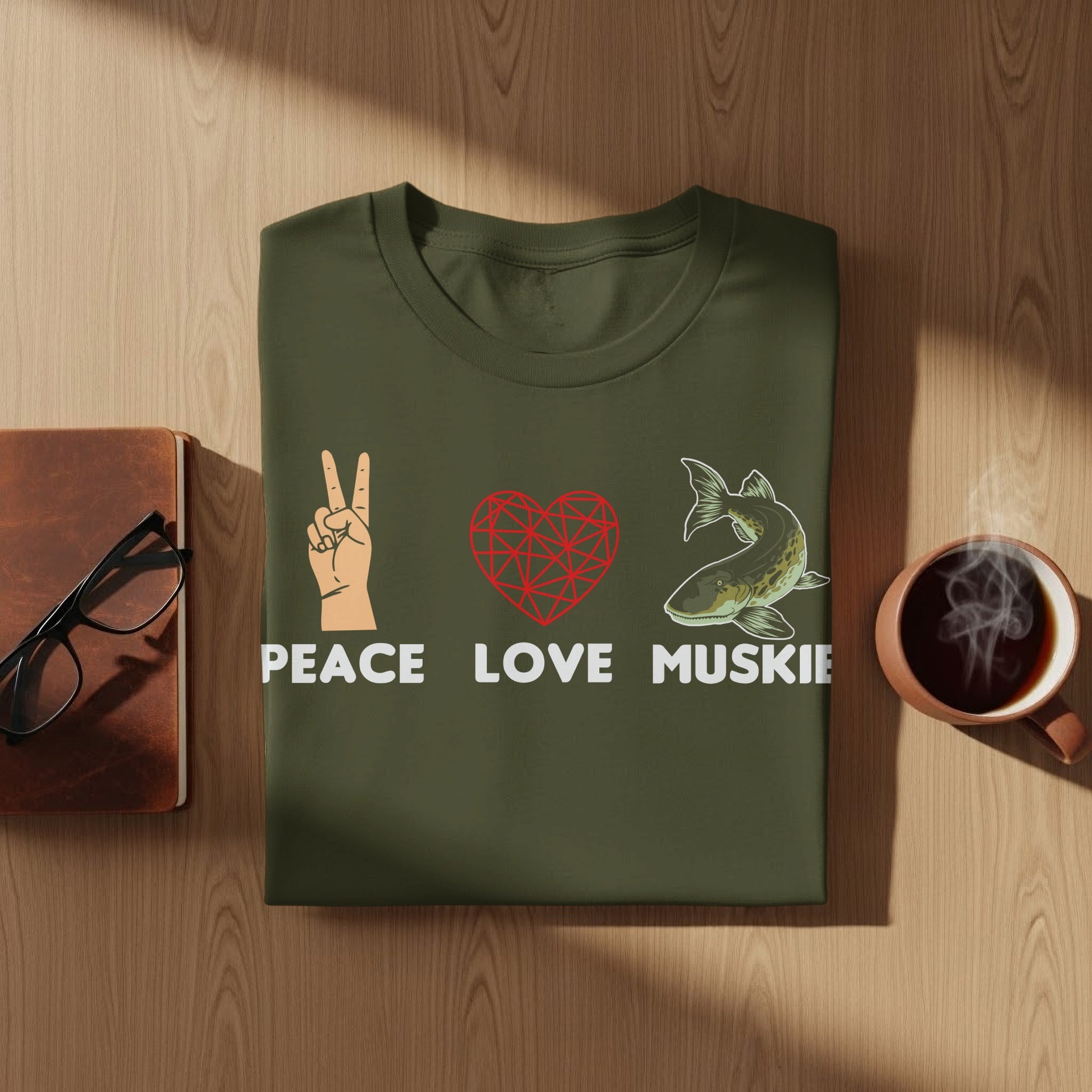 Green t-shirt with "Peace Love Muskie" text and fish graphic.