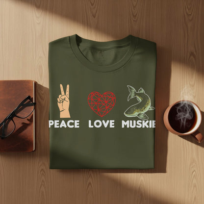 Green t-shirt with "Peace Love Muskie" text and fish graphic.