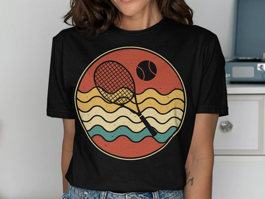 Circular graphic of a tennis racket and ball against wavy lines and a sunset.