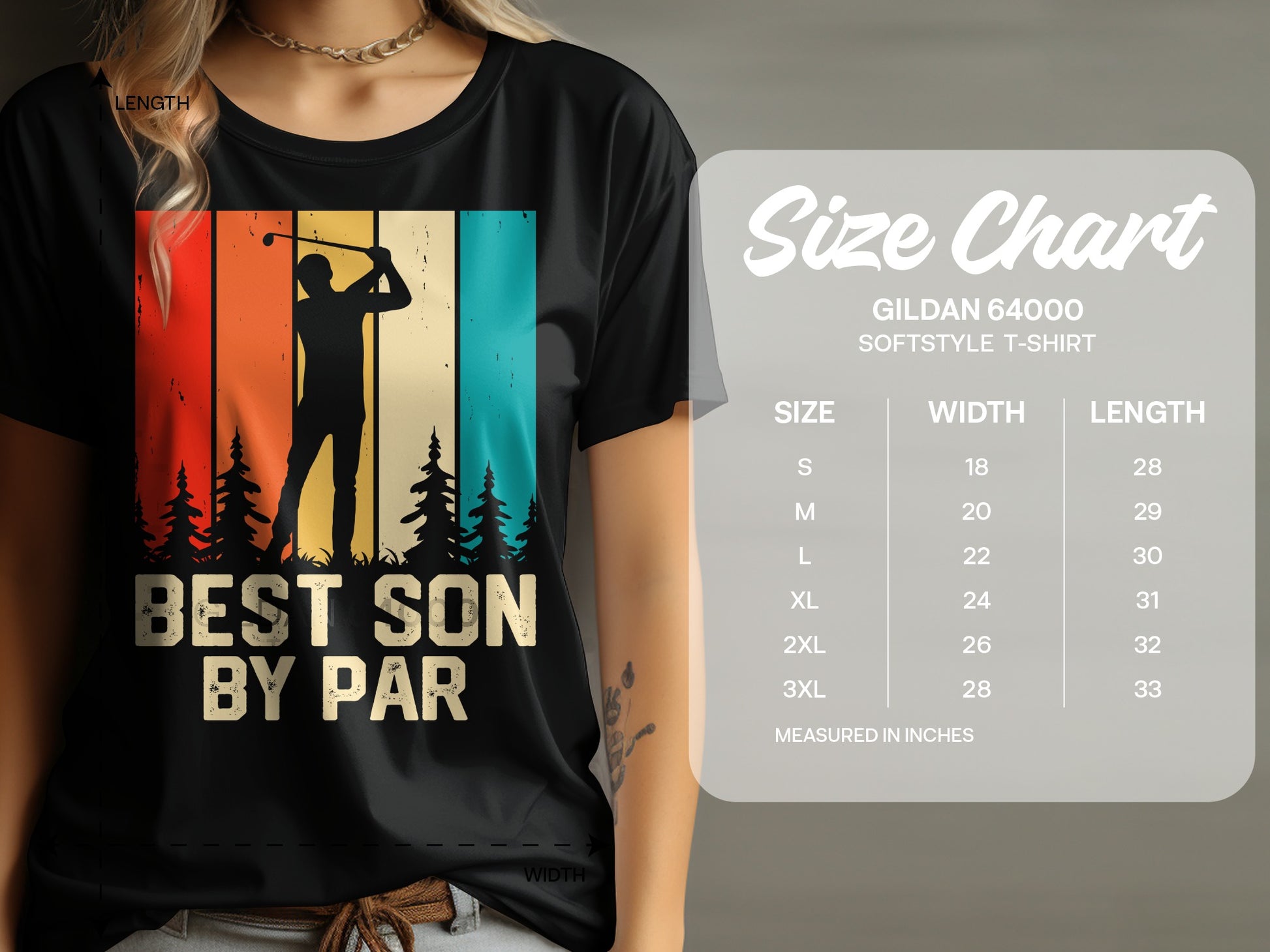 T-shirt with "Best Son By Par" text and golfer silhouette over a sunset graphic.