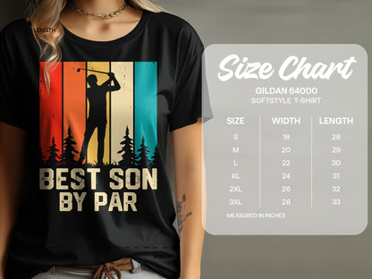 T-shirt with "Best Son By Par" text and golfer silhouette over a sunset graphic.