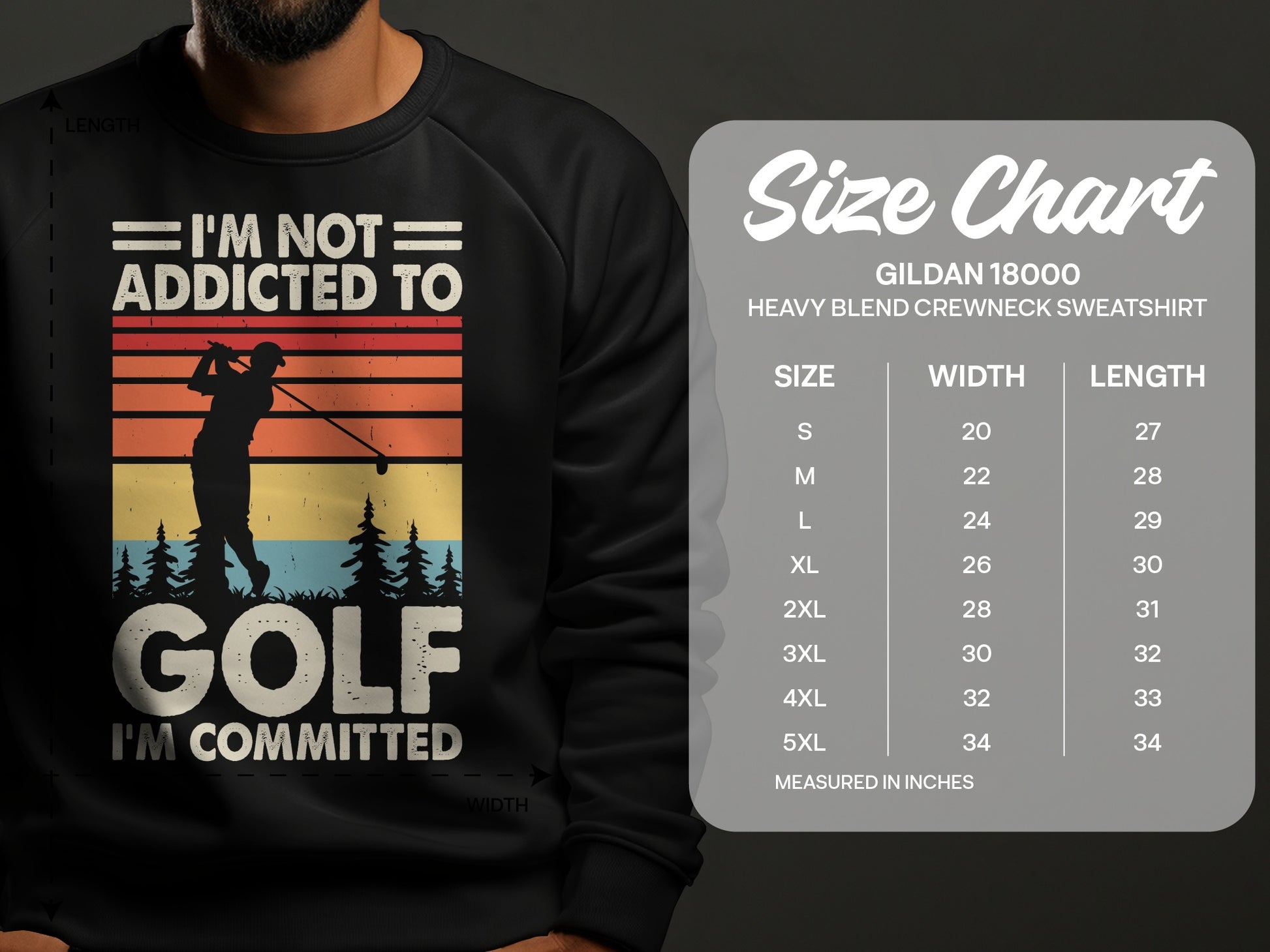 Gildan 18000 sweatshirt size chart with golf graphic.