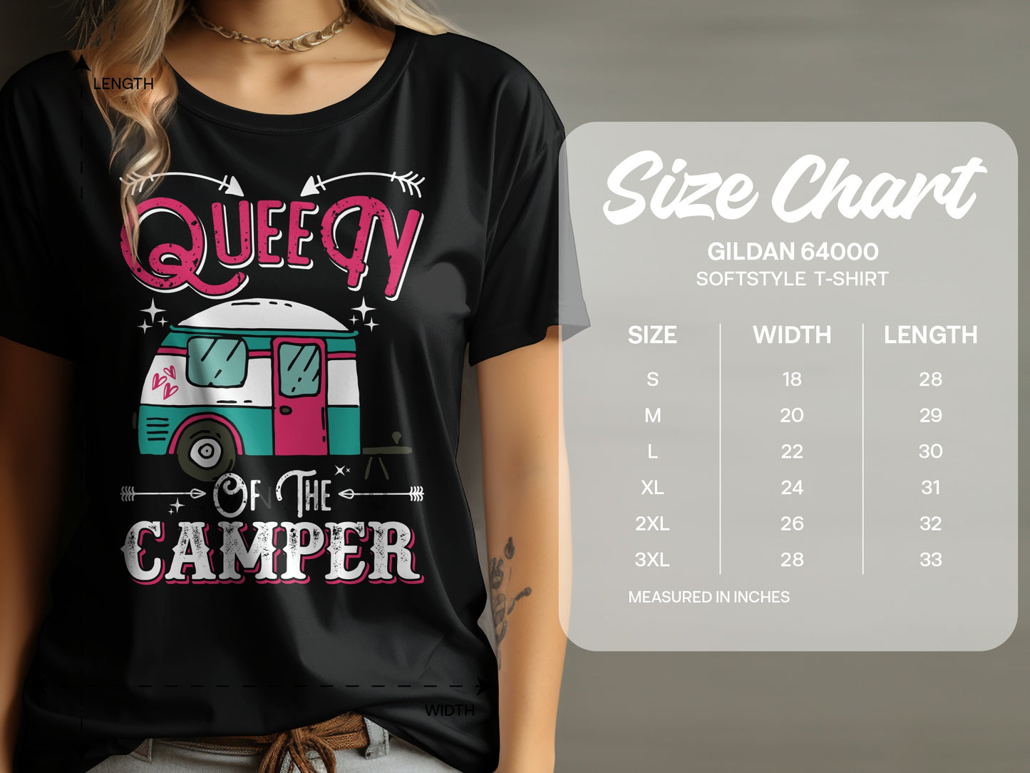 Queen of the Camper graphic t-shirt with size chart.