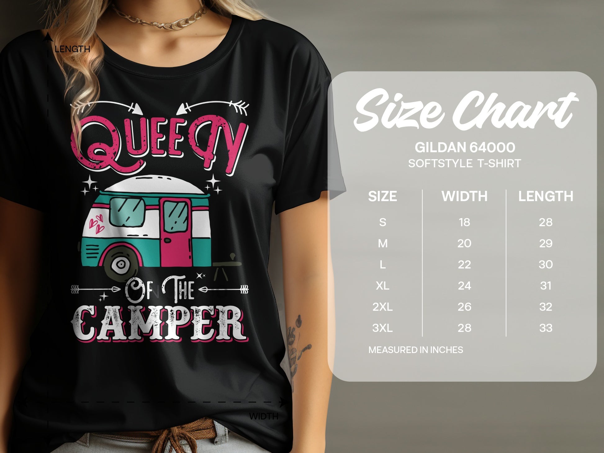 Queen of the Camper graphic t-shirt with size chart.