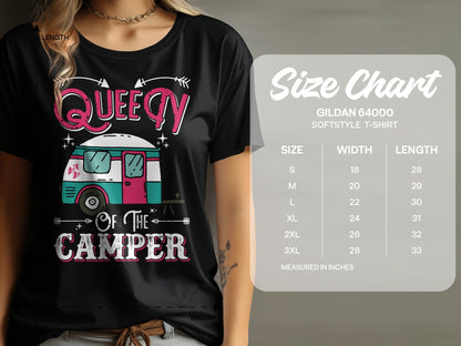 Queen of the Camper graphic t-shirt with size chart.