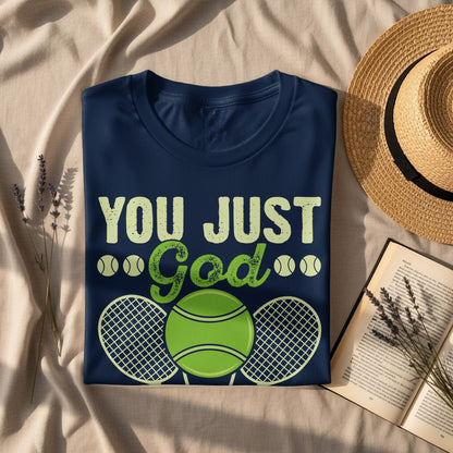 Navy t-shirt with "YOU JUST God" and tennis graphic.
