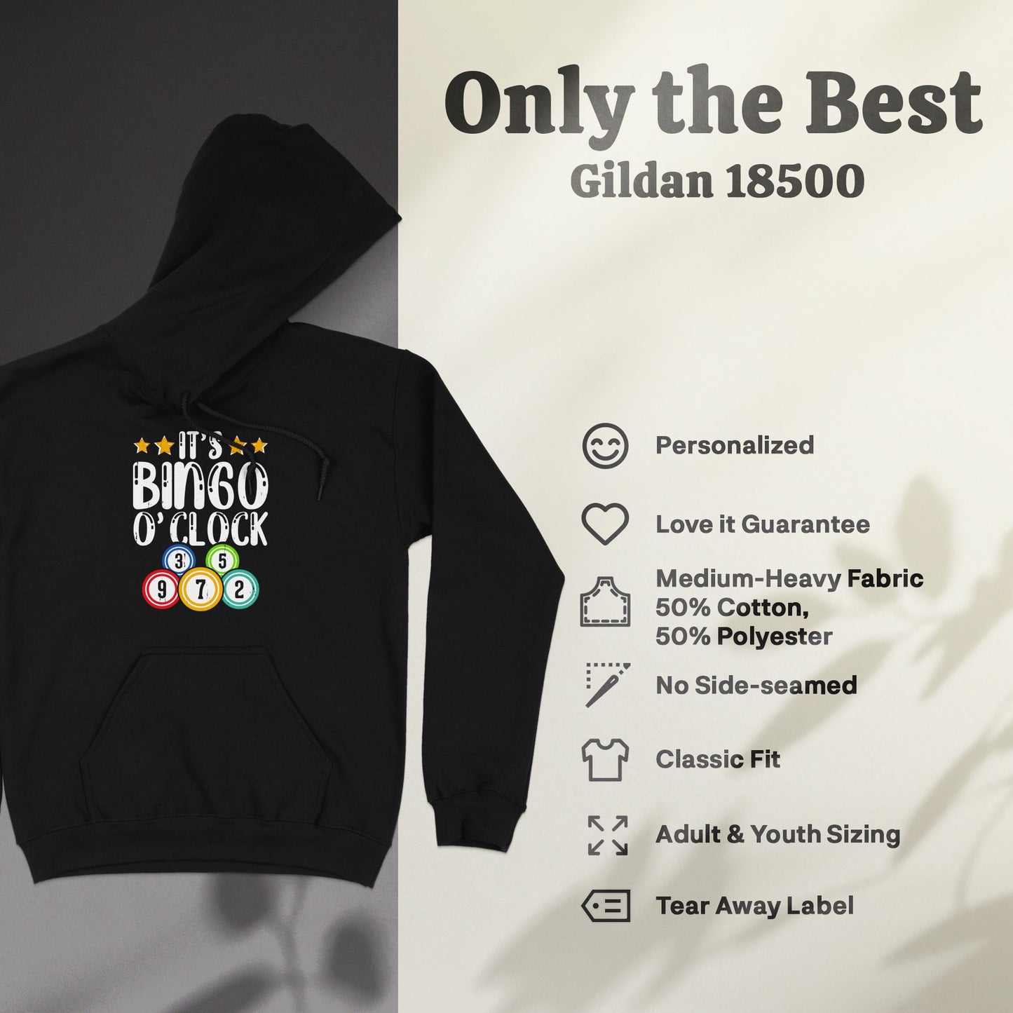 Black Gildan 18500 hoodie with "It's Bingo O'Clock" graphic.