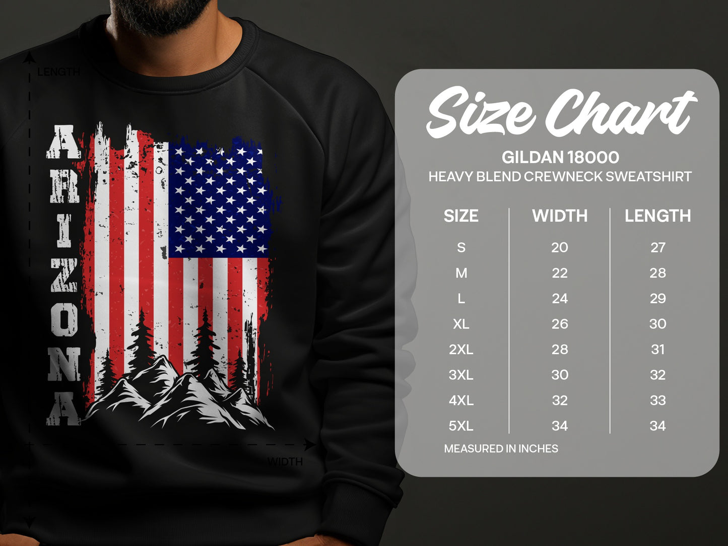 Arizona flag graphic on sweatshirt with size chart for Gildan 18000 crewneck.