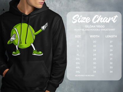 Tennis ball graphic on Gildan 18500 hooded sweatshirt size chart.