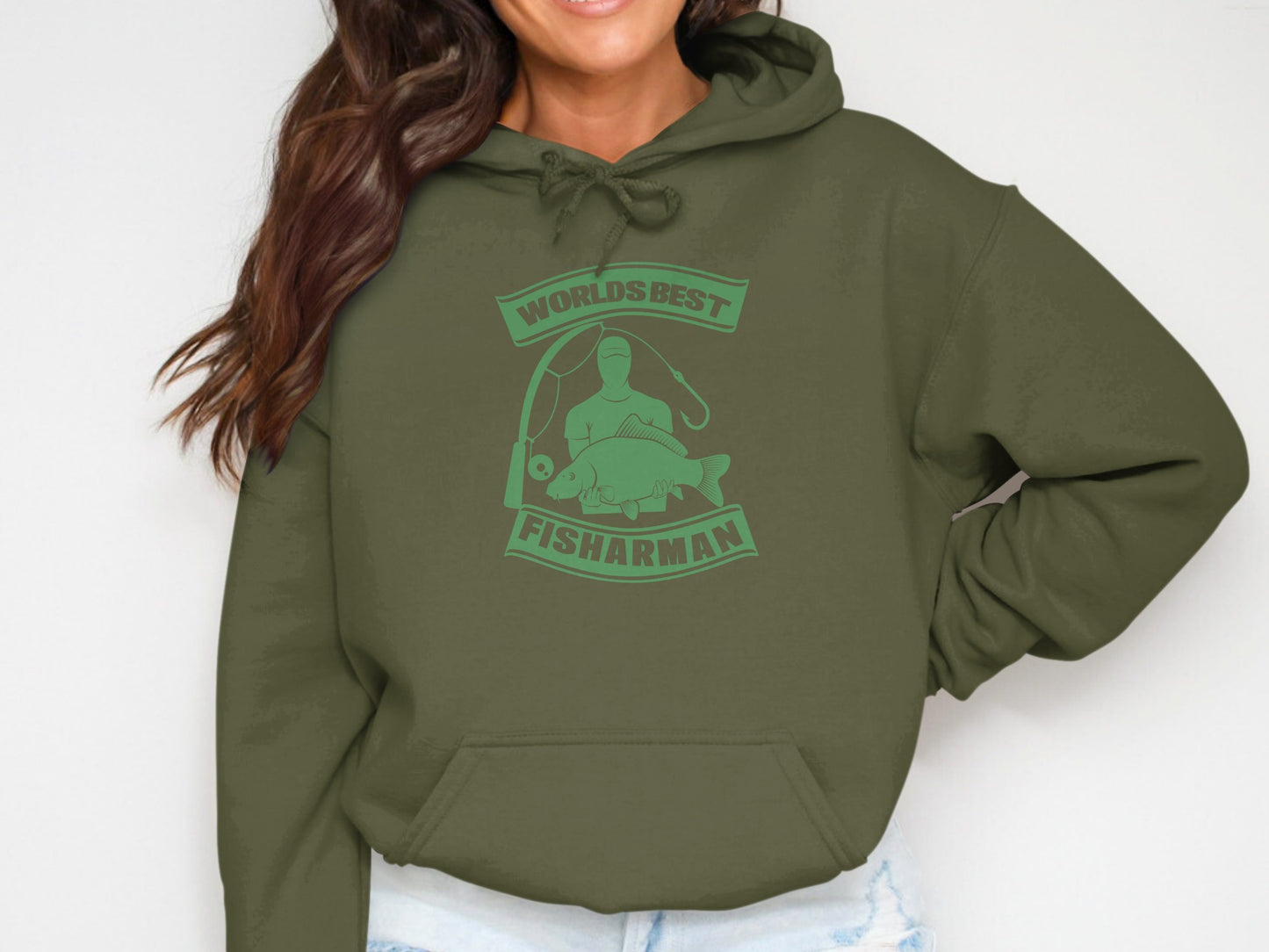 Green hoodie with "World's Best Fisherman" graphic featuring a fishing rod and fish.