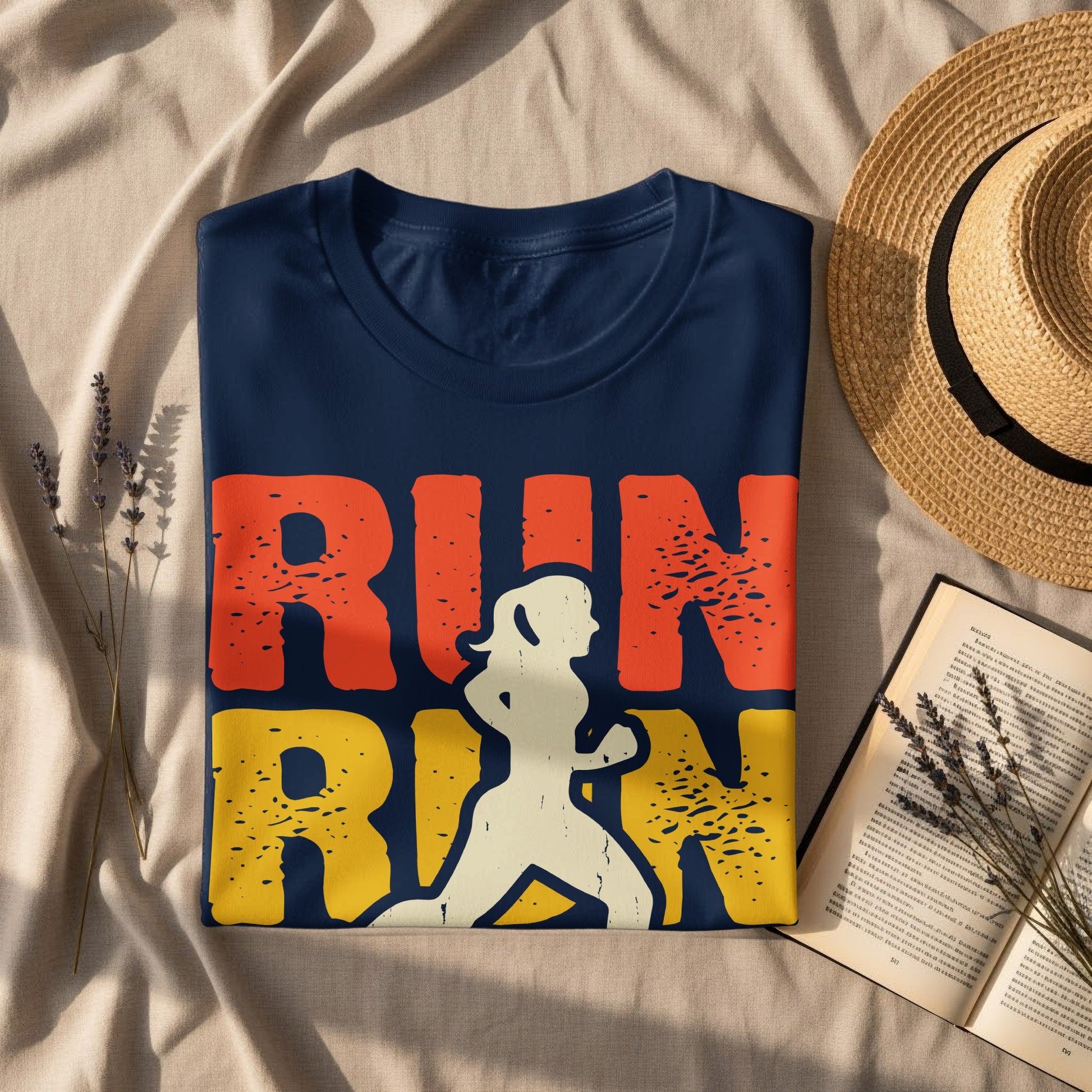 Navy t-shirt with "RUN" in distressed orange and yellow text, featuring a silhouette of a runner.