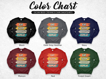 Gildan 18000 crewneck sweatshirts color chart with sample shirts.