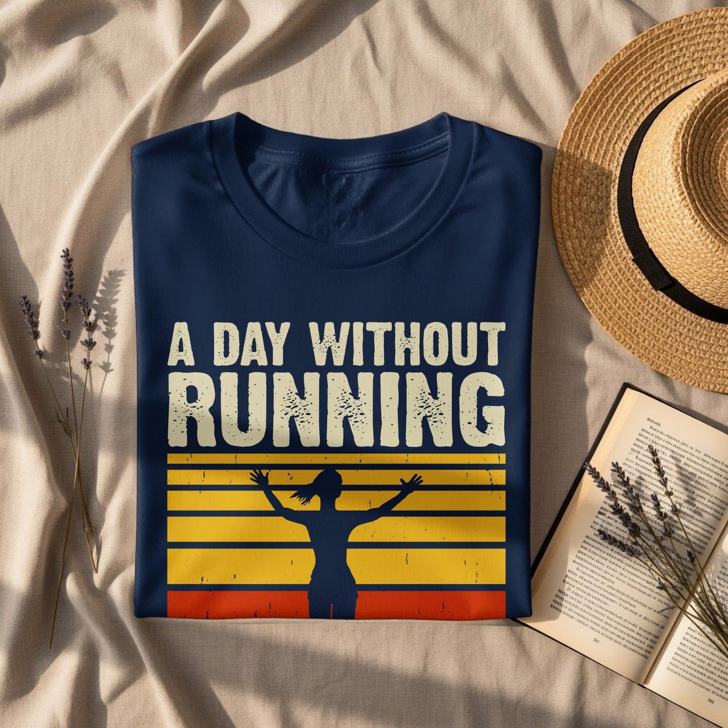 Navy t-shirt with "A DAY WITHOUT RUNNING" text and runner graphic.