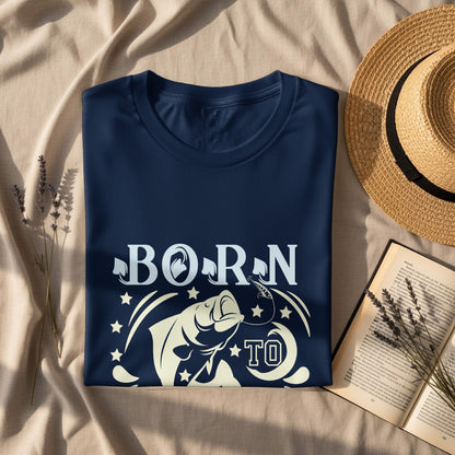 Navy blue t-shirt with "Born to Fish" text and a leaping fish graphic.