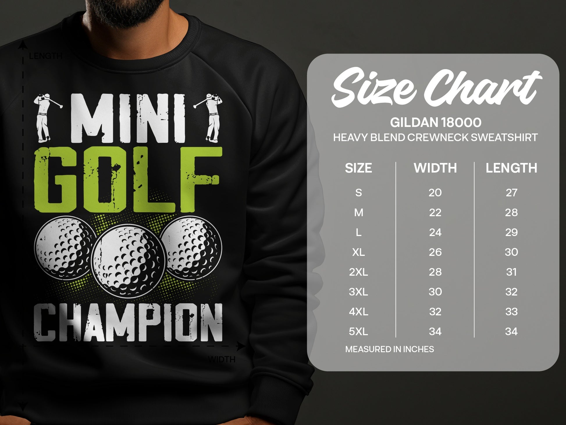 Mini Golf Champion sweatshirt with size chart.