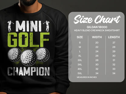 Mini Golf Champion sweatshirt with size chart.