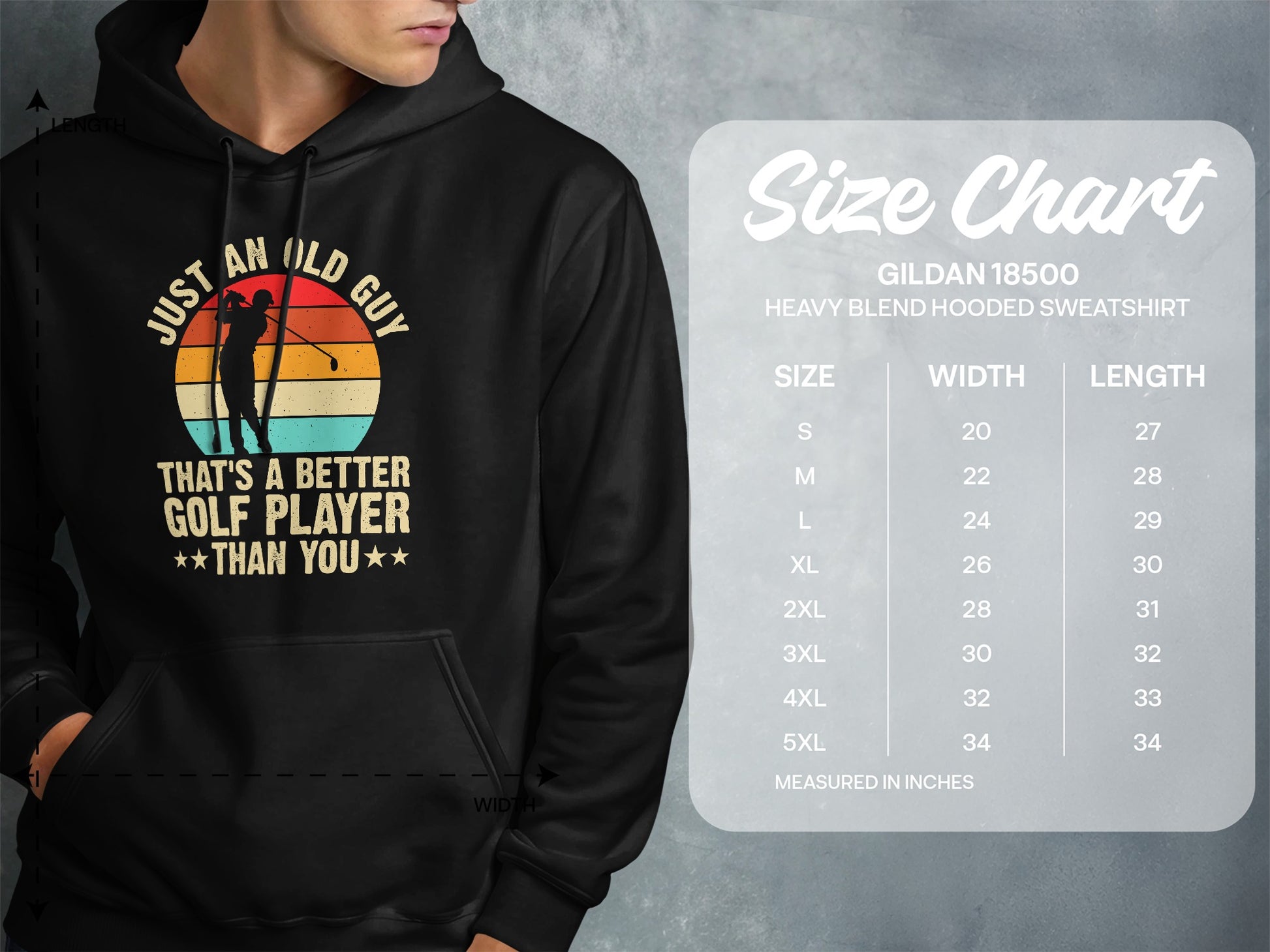 Hooded sweatshirt with "Just an old guy that's a better golf player than you" graphic.