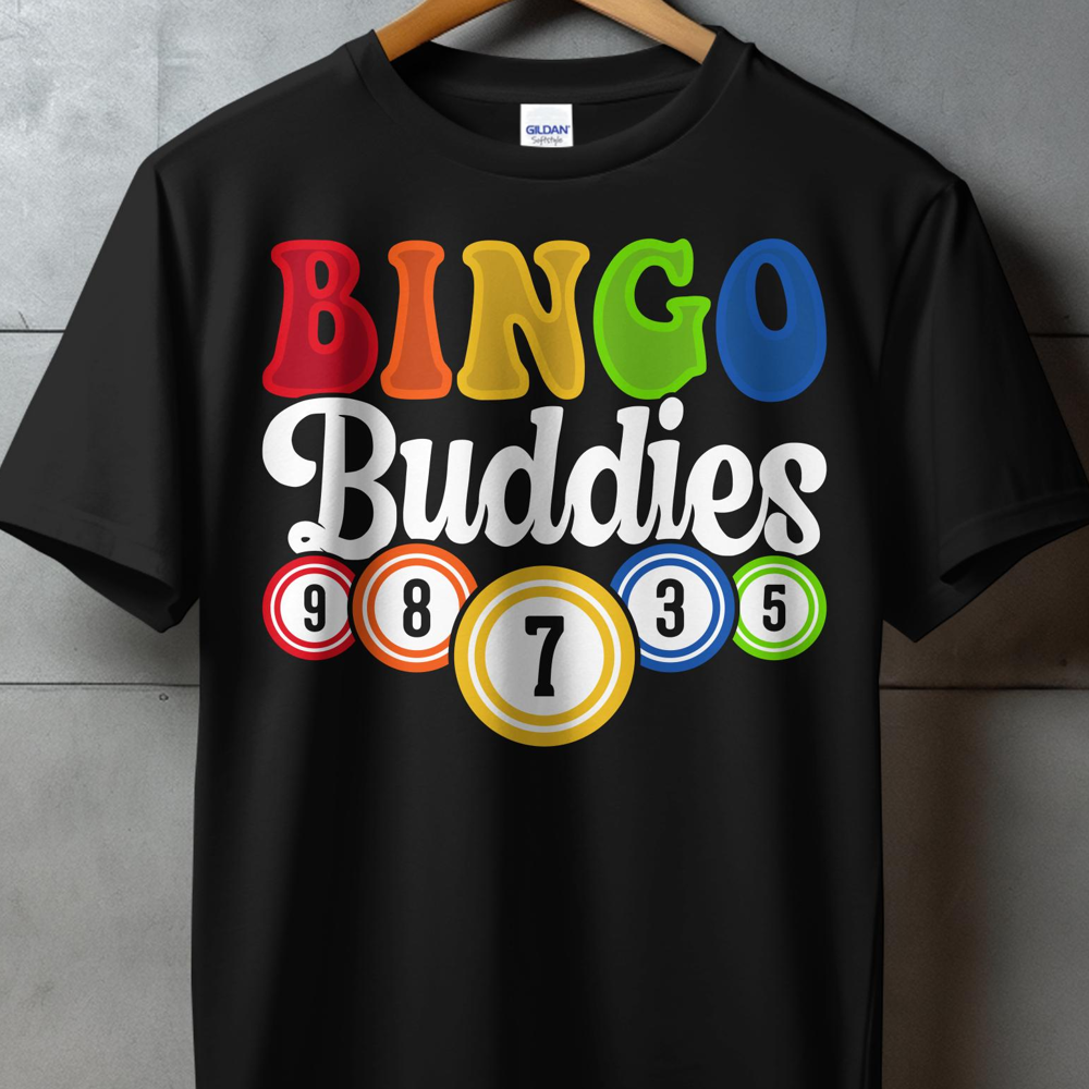 Black t-shirt with "BINGO Buddies" in colorful letters and bingo balls.
