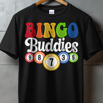 Black t-shirt with "BINGO Buddies" in colorful letters and bingo balls.