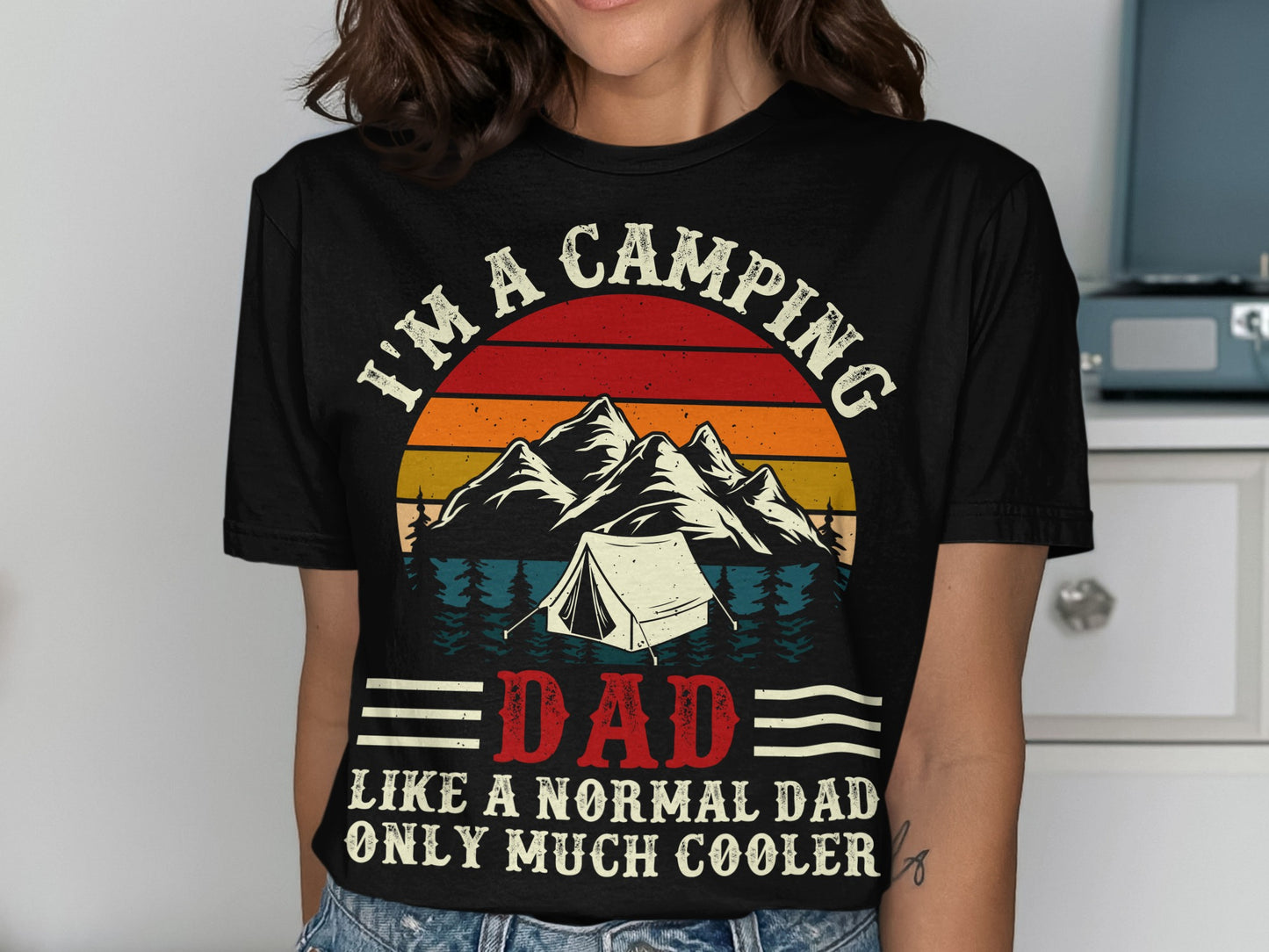 Black t-shirt with sunset mountain camping scene and "I'm A Camping Dad" text.