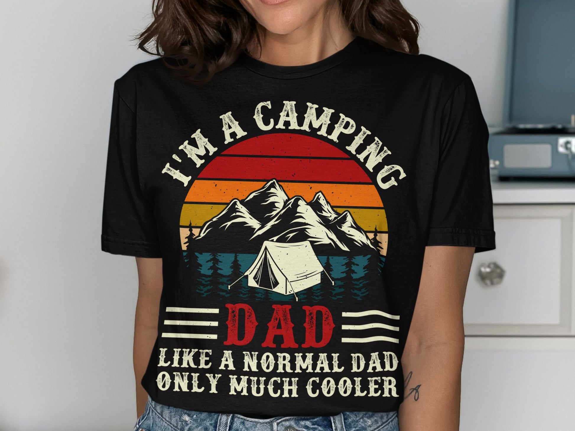 Black t-shirt with sunset mountain camping scene and "I'm A Camping Dad" text.