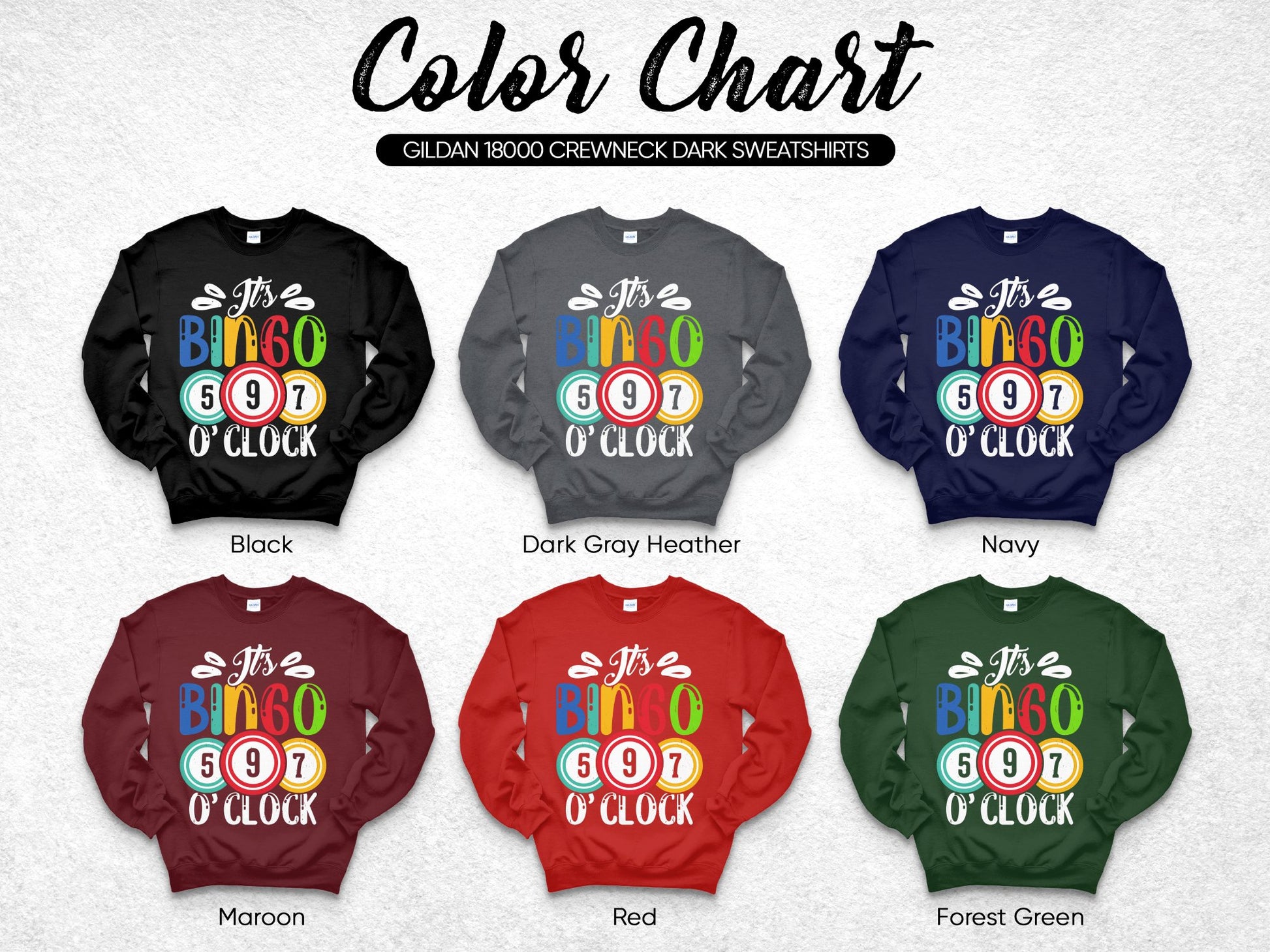 Gildan 18000 sweatshirt color chart showing black, gray, navy, maroon, red, and green options.