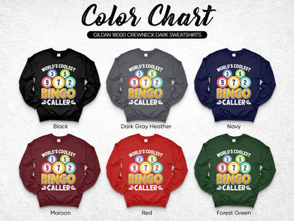 Color chart showing six dark sweatshirt colors with "World's Coolest Bingo Caller" graphic.