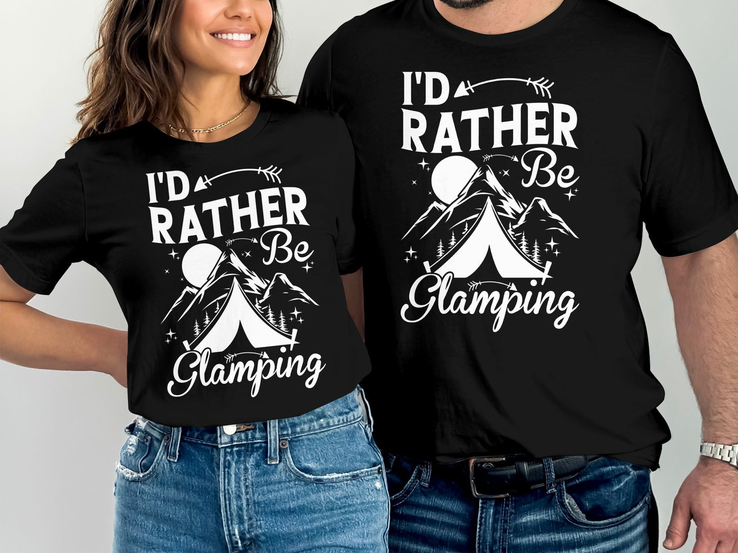 Black t-shirts with white "I'd Rather Be Glamping" text and tent graphic.