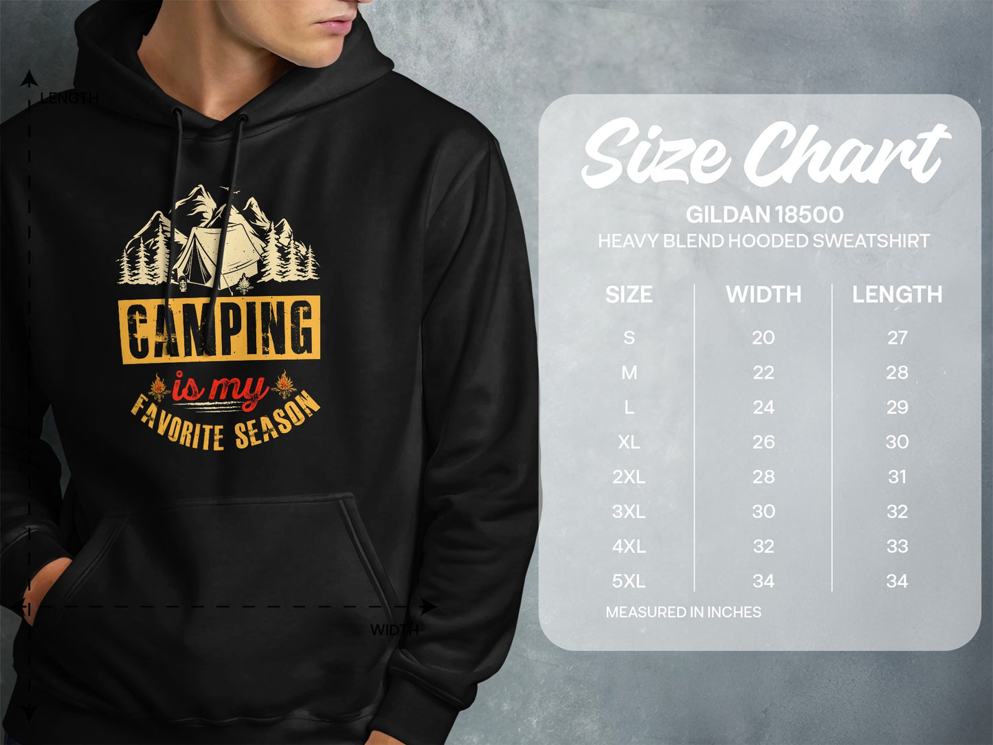 Gildan 18500 sweatshirt size chart showing measurements in inches for length and width.