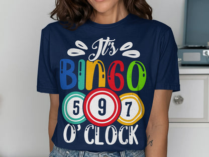 Navy t-shirt with colorful "It's Bingo O'Clock" text and numbered bingo balls.